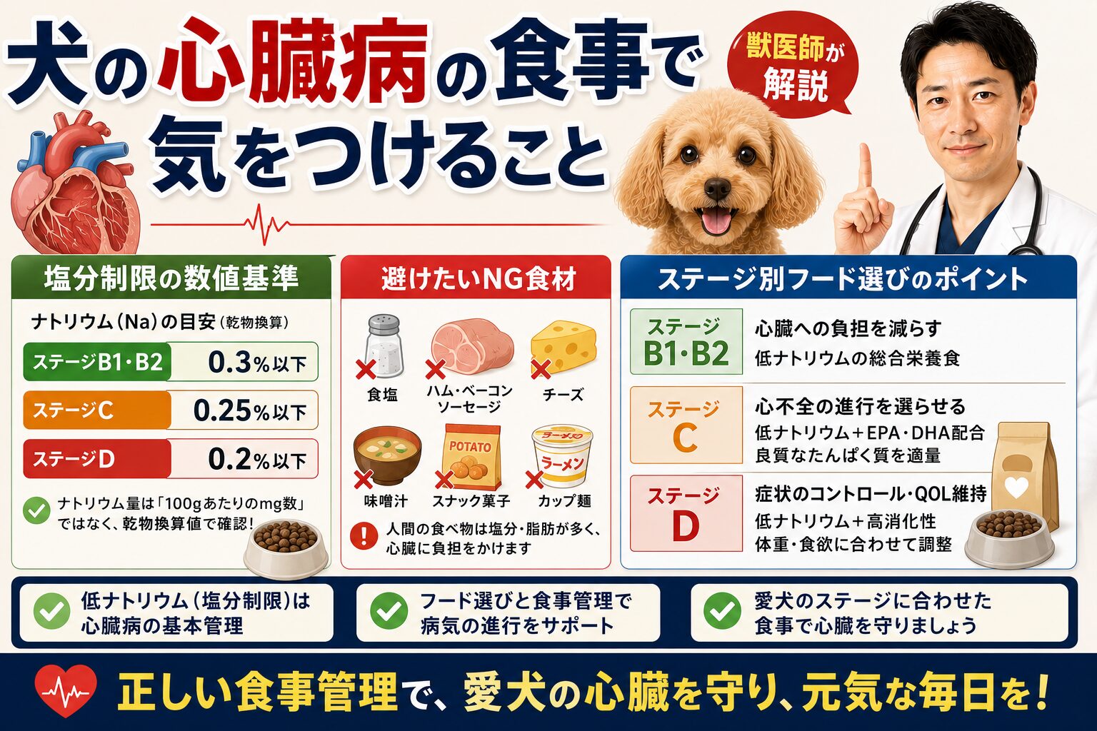 犬の心臓病の食事で気をつけること｜塩分制限の数値基準・NG食材・ステージ別フード選びを獣医師が解説