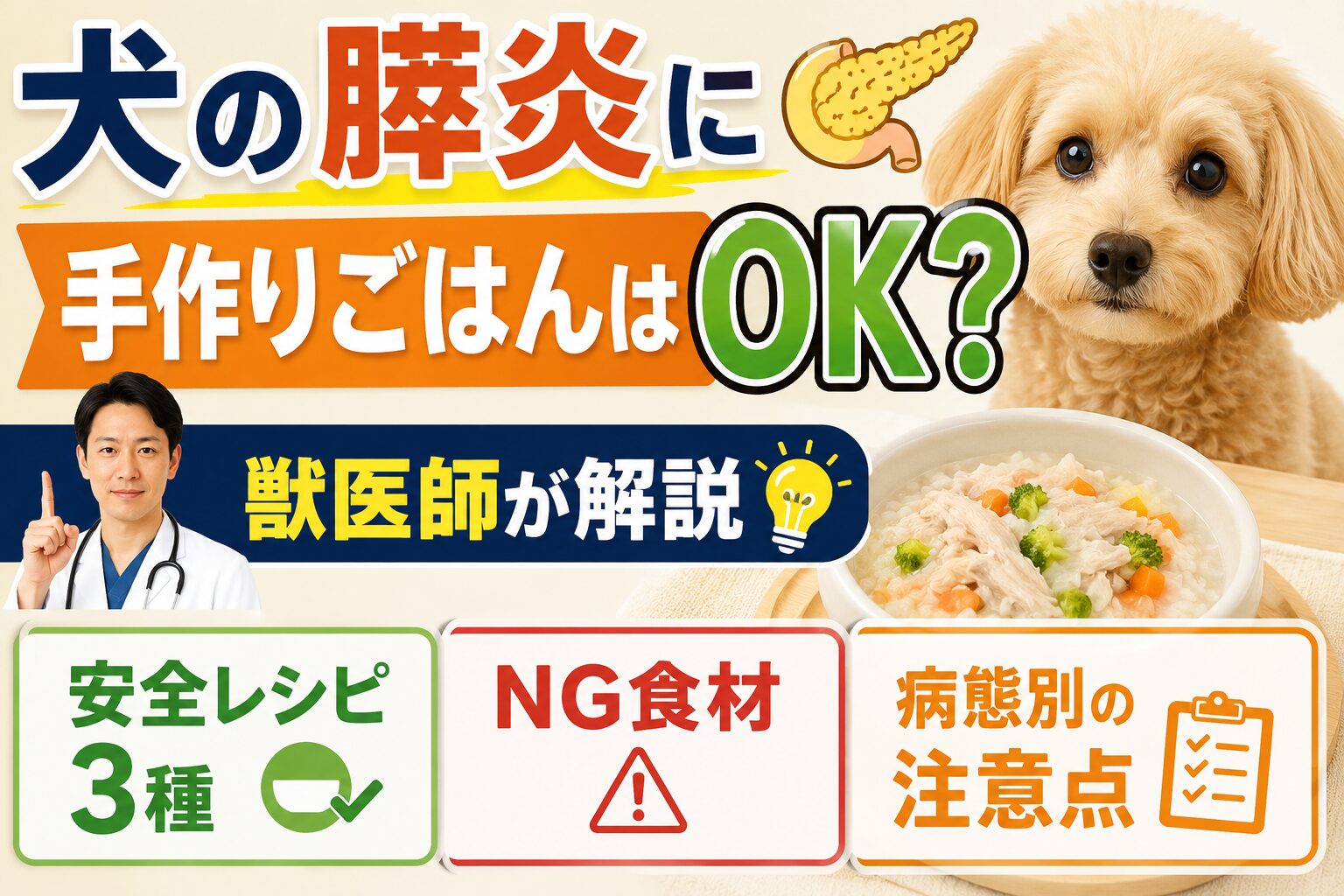 犬の膵炎に手作りごはんはOK？獣医師が解説｜安全レシピ3種・NG食材・病態別の注意点