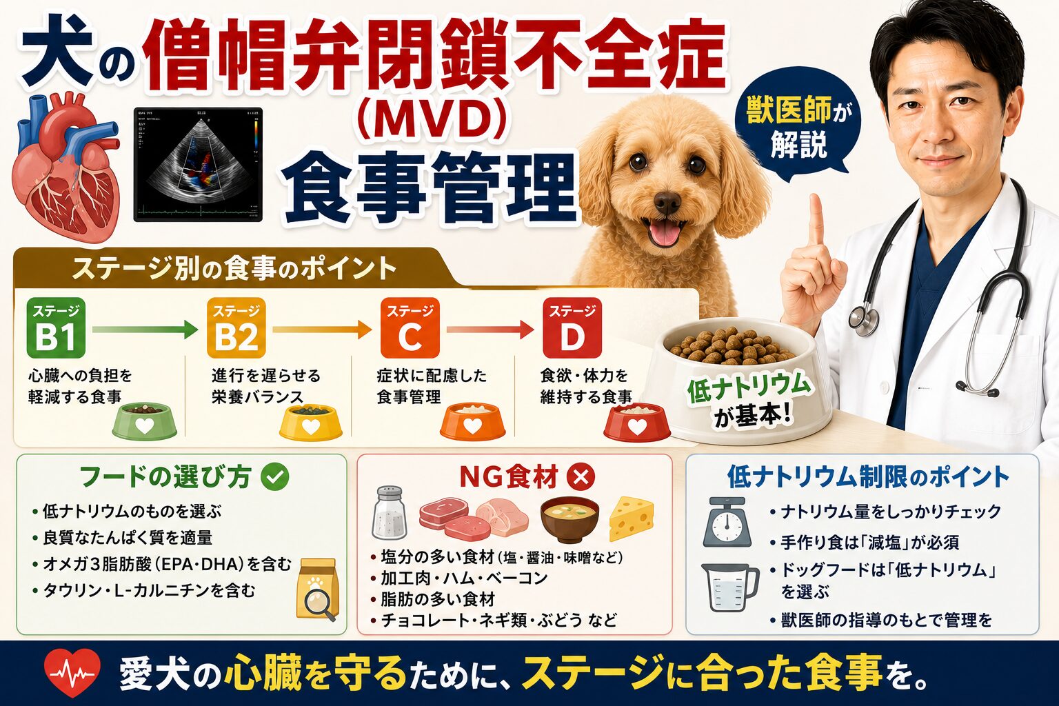 犬の僧帽弁閉鎖不全症（MVD）の食事管理｜ステージB1〜C・D別フードの選び方・NG食材・低ナトリウム制限を獣医師が解説